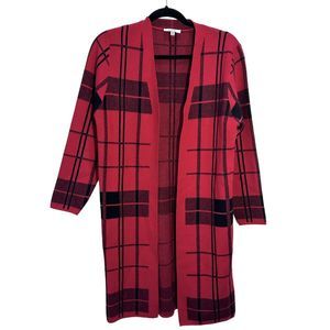 Sioni Woman's Red Plaid Long Sleeve Cardigan Duster Vicose Blend Size Small